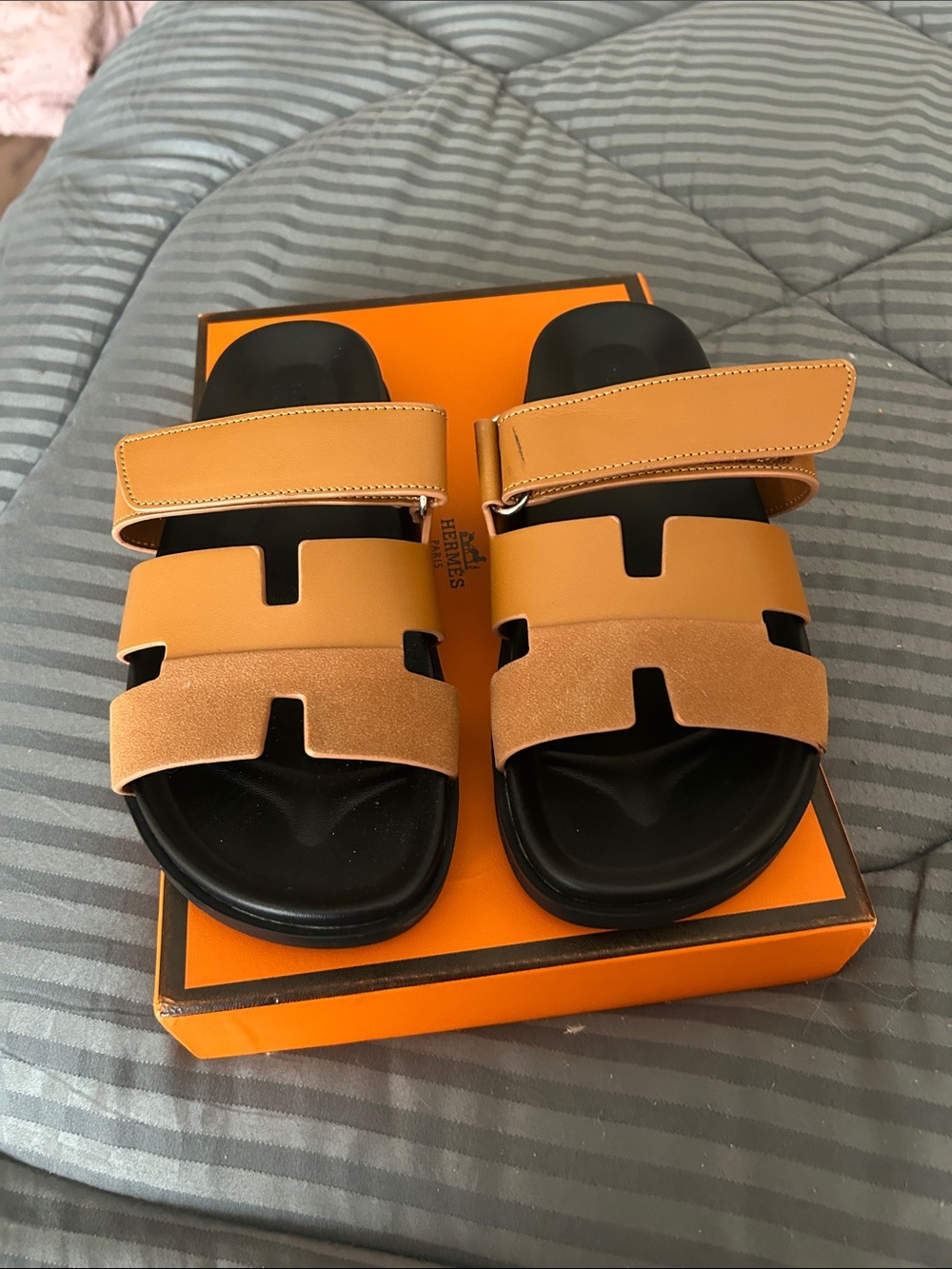 Women Tan Leather Slide Sandals with Adjustable Strap